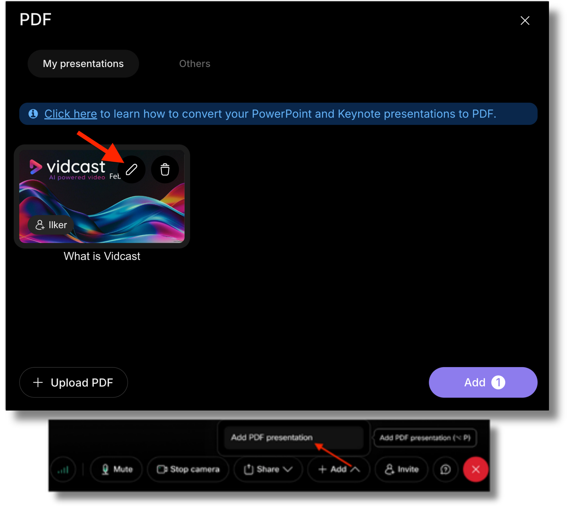 PDF Gallery with edit button highlighted to open the Edit modal