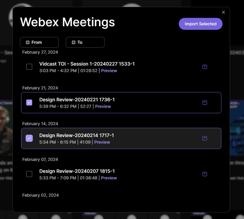 screenshot of webex meeting recording import dialogue window for multiple
                meetings
