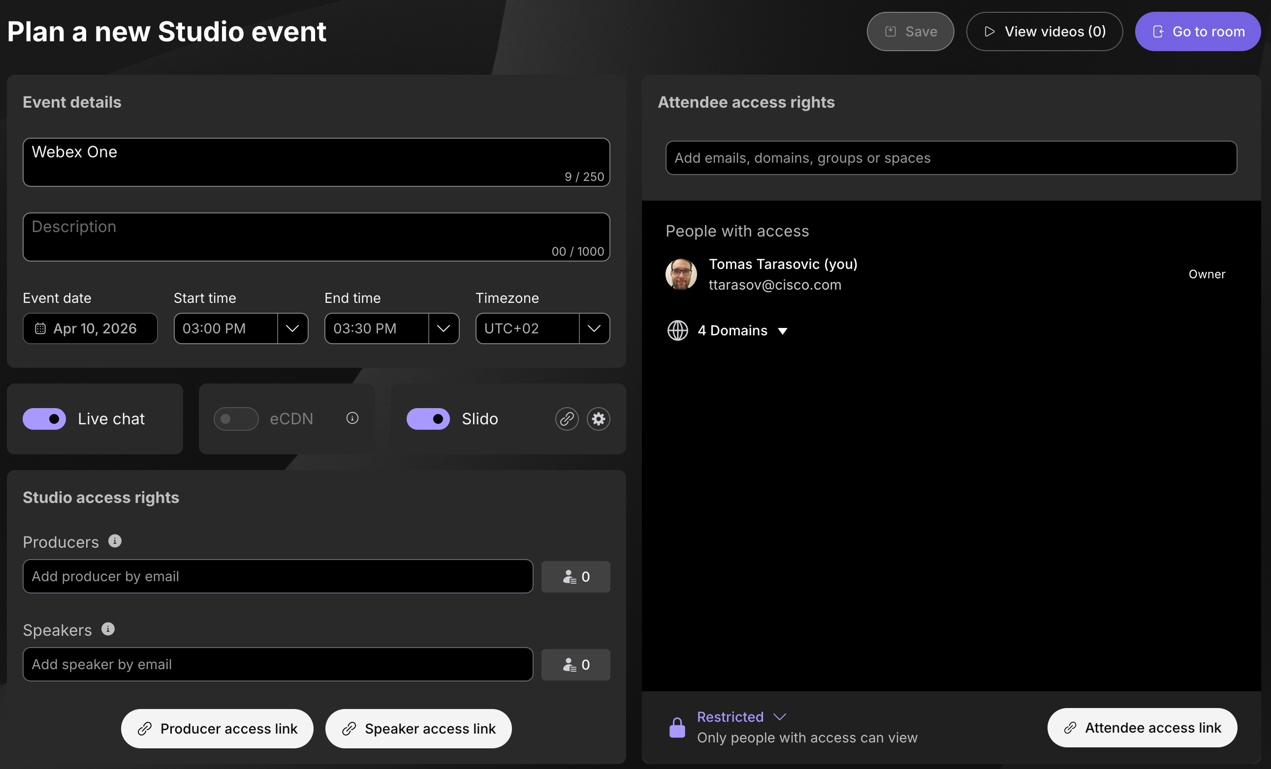 Vidcast UI controls for planning a new Studio event