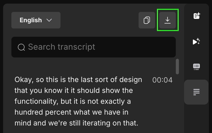 Vidcast UI showing SRT download button