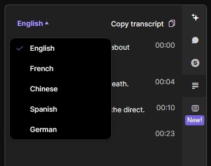 screenshot of transcript language controls