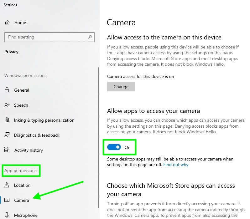 Camera permissions on PC
