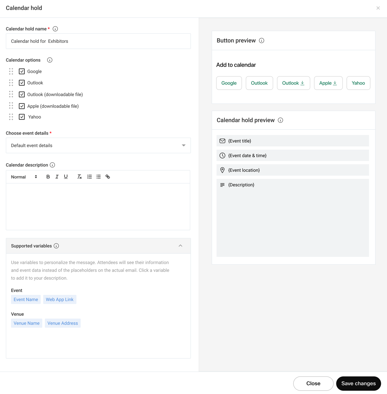 A picture showing the Calendar hold modal.