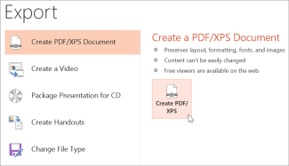 Export page in Powerpoint in Windows. Create PDF/XPS Document option is
selected