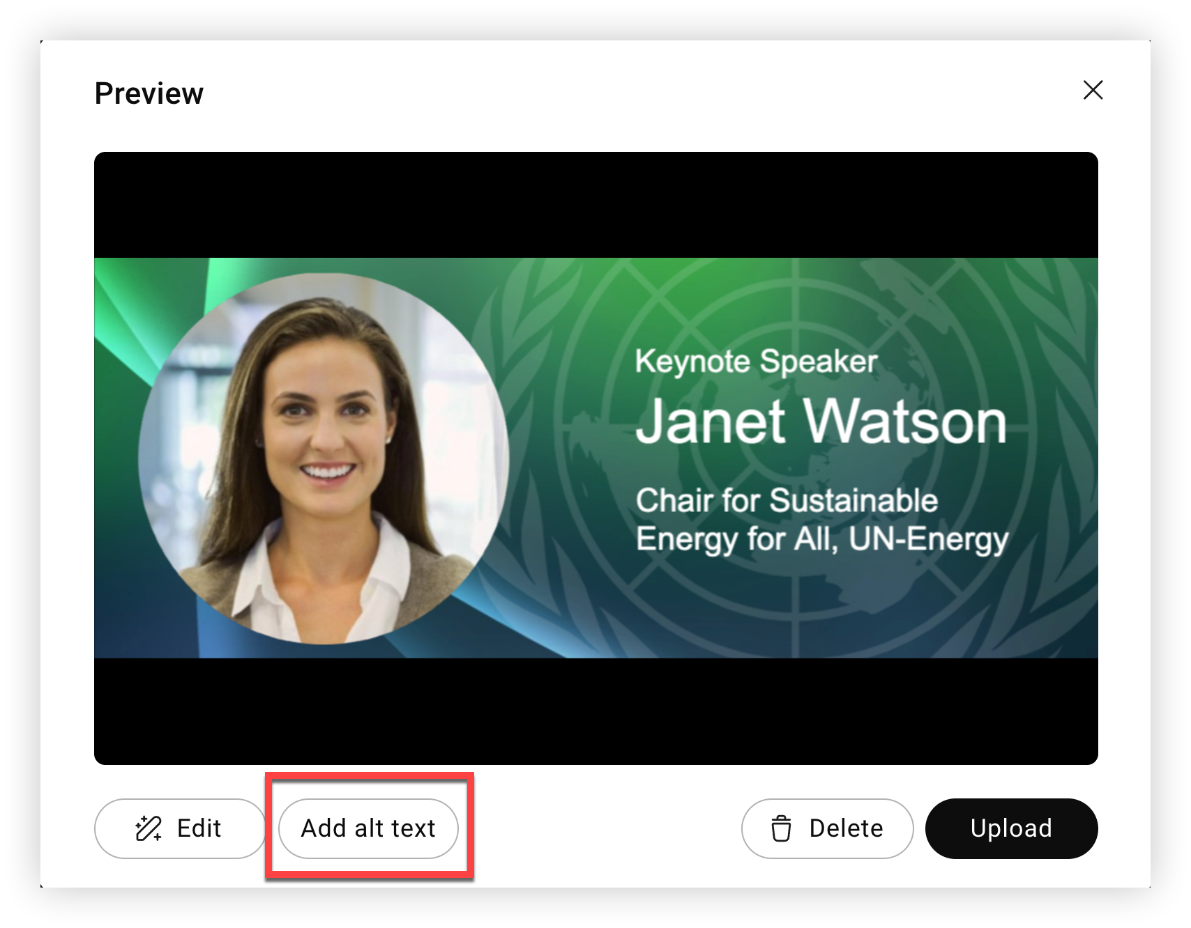 The Add alt text button in the Preview modal.