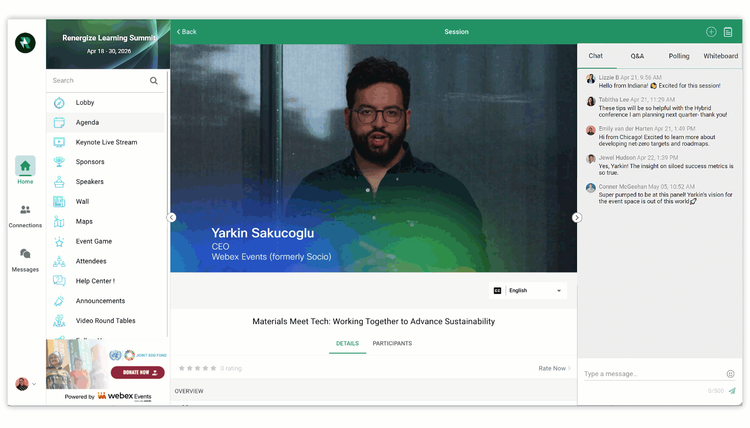 Animated GIF of an active live stream in the Webex Events Web App.