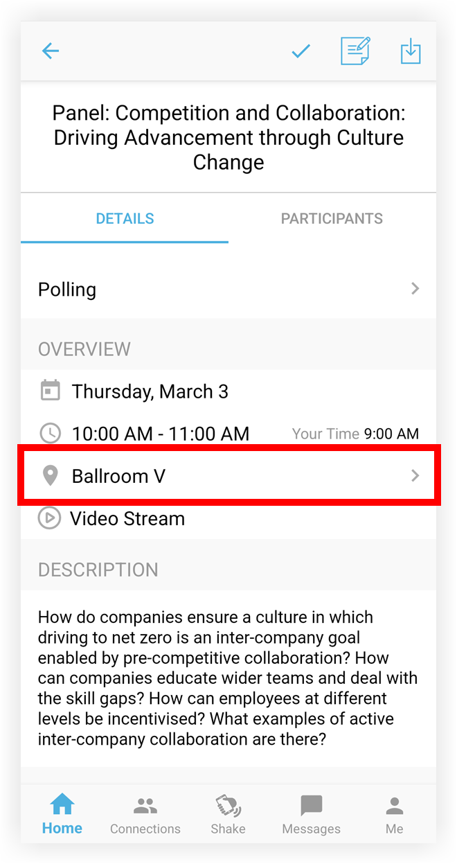 An Agenda Session in the Mobile App. The Session's location is indicated.