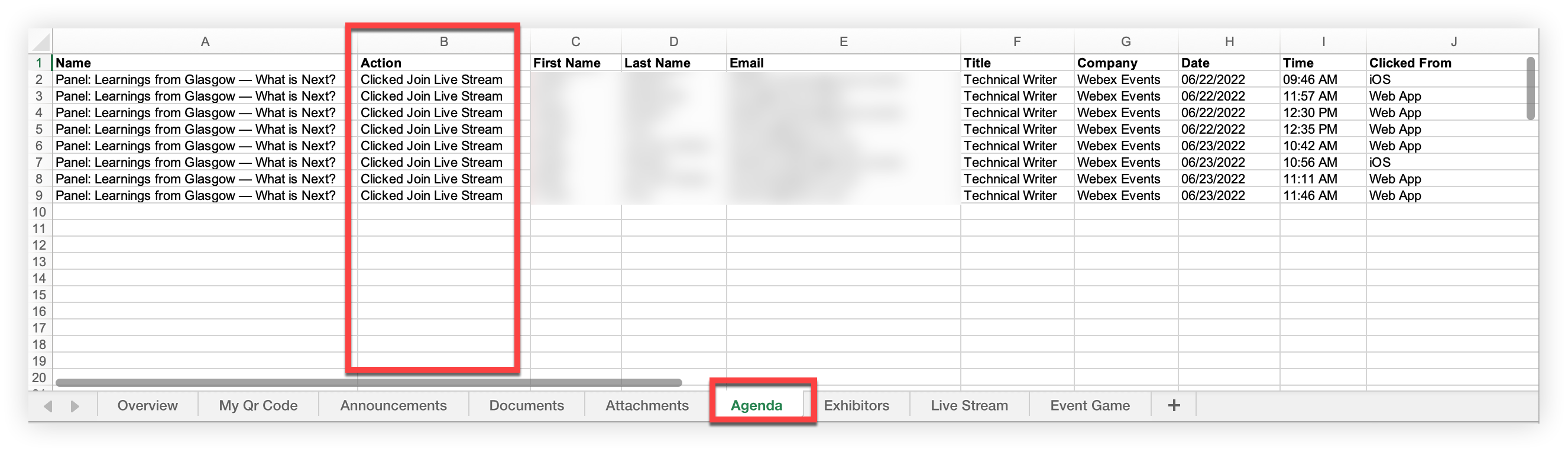 The Agenda sheet of the Feature Details report. The Action column is highlighted.