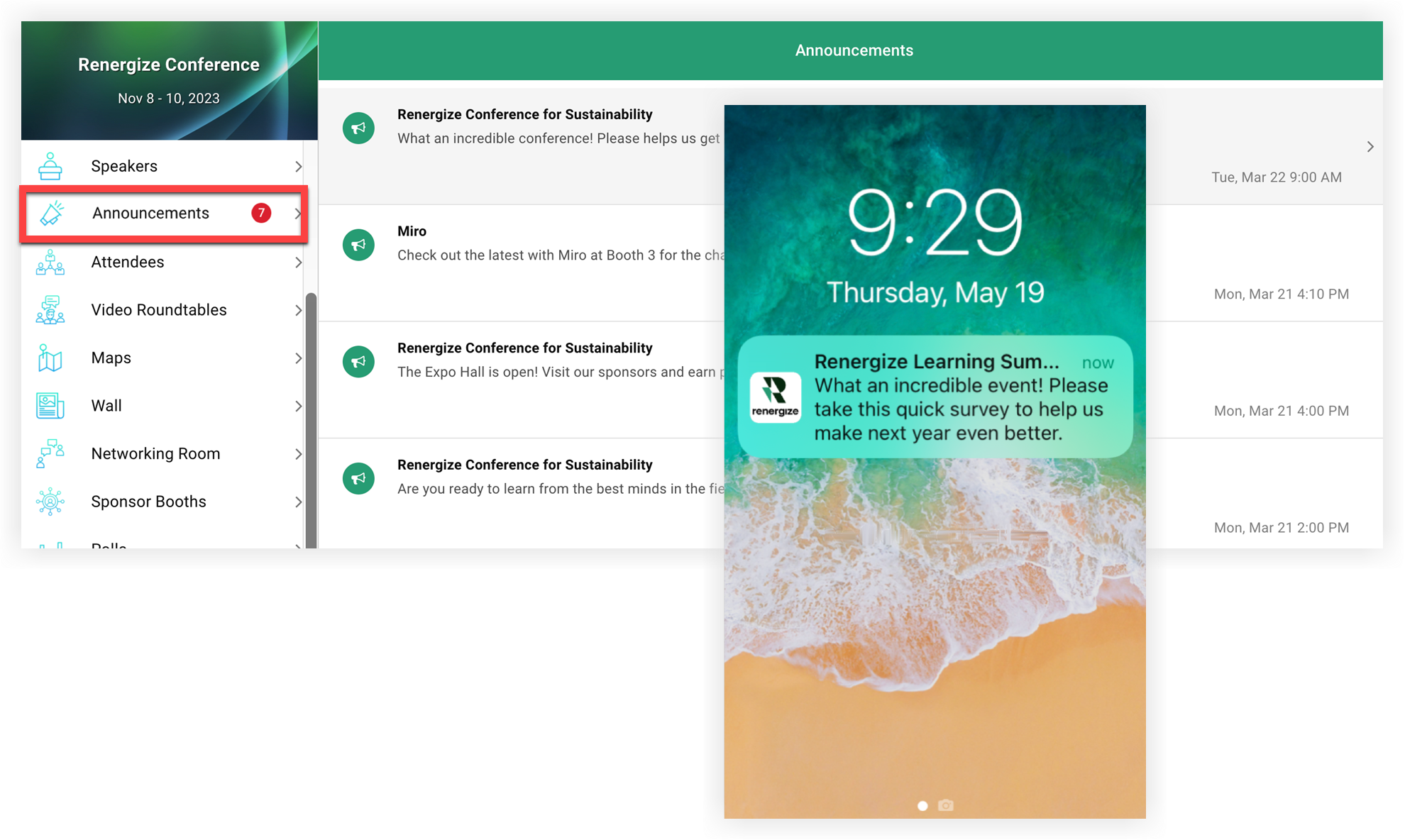 The new announcement indicator on the Web App and a push notification on a mobile device.