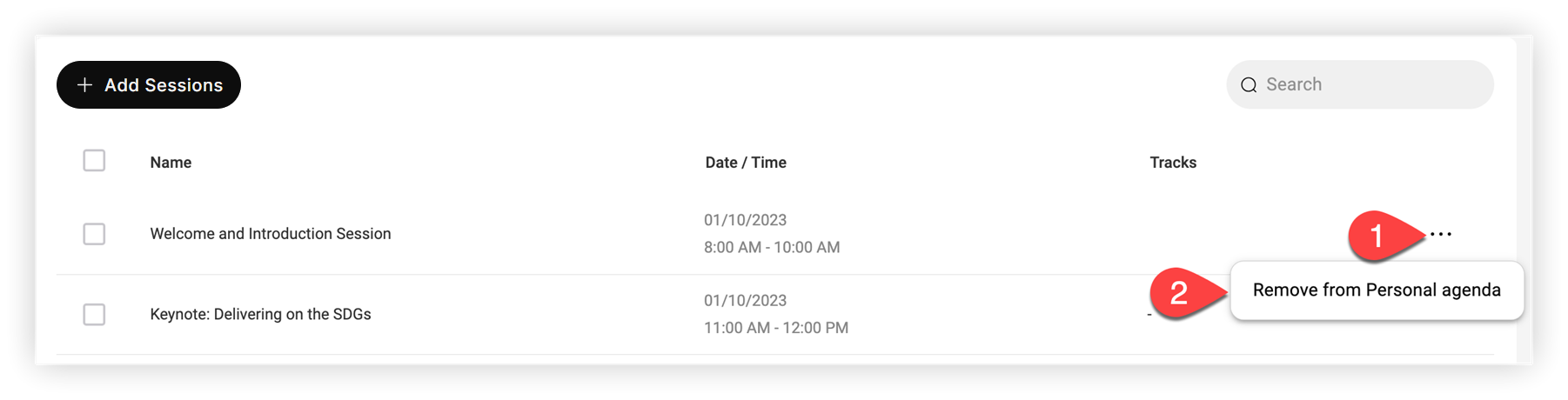 The Remove from Personal agenda option for a Session in a Personal agenda.