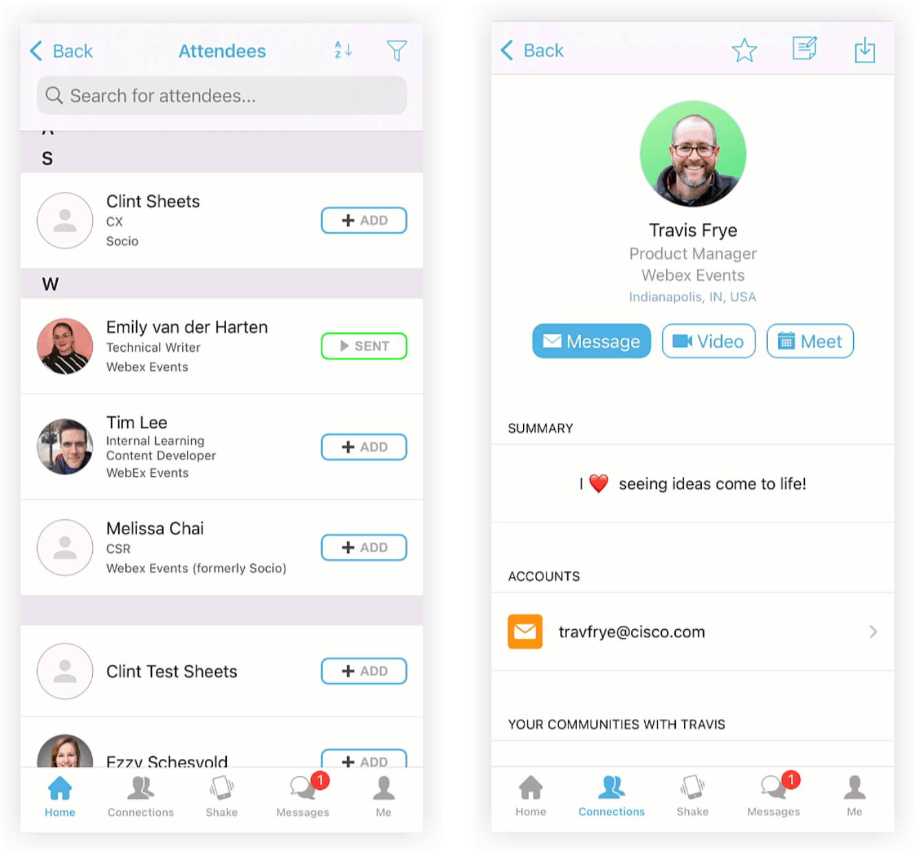 The Attendees list and an attendee profile in the Mobile App.