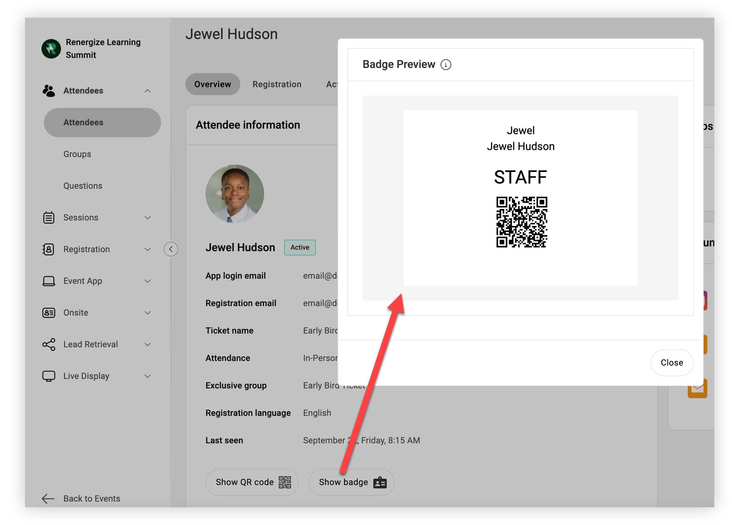 The Badge Preview modal on an attendee profile.