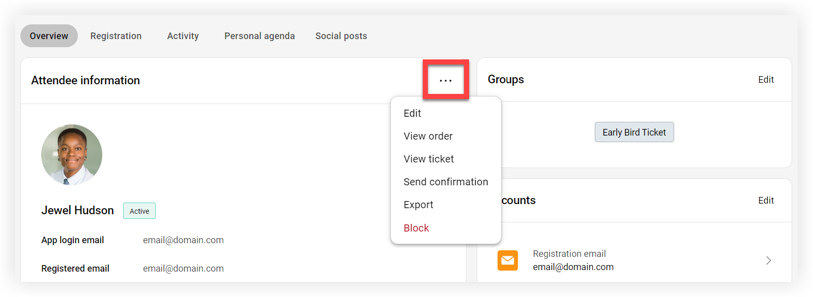 The Settings menu expanded on the Attendee information section of an attendee's Overview tab.
