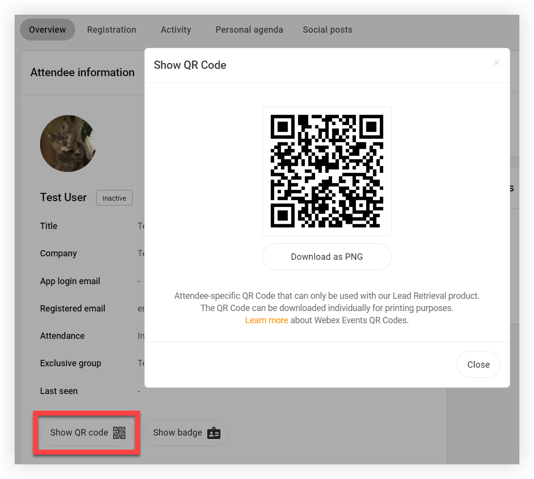 The Show QR Code button and modal on an attendee profile in the Webex Events platform.