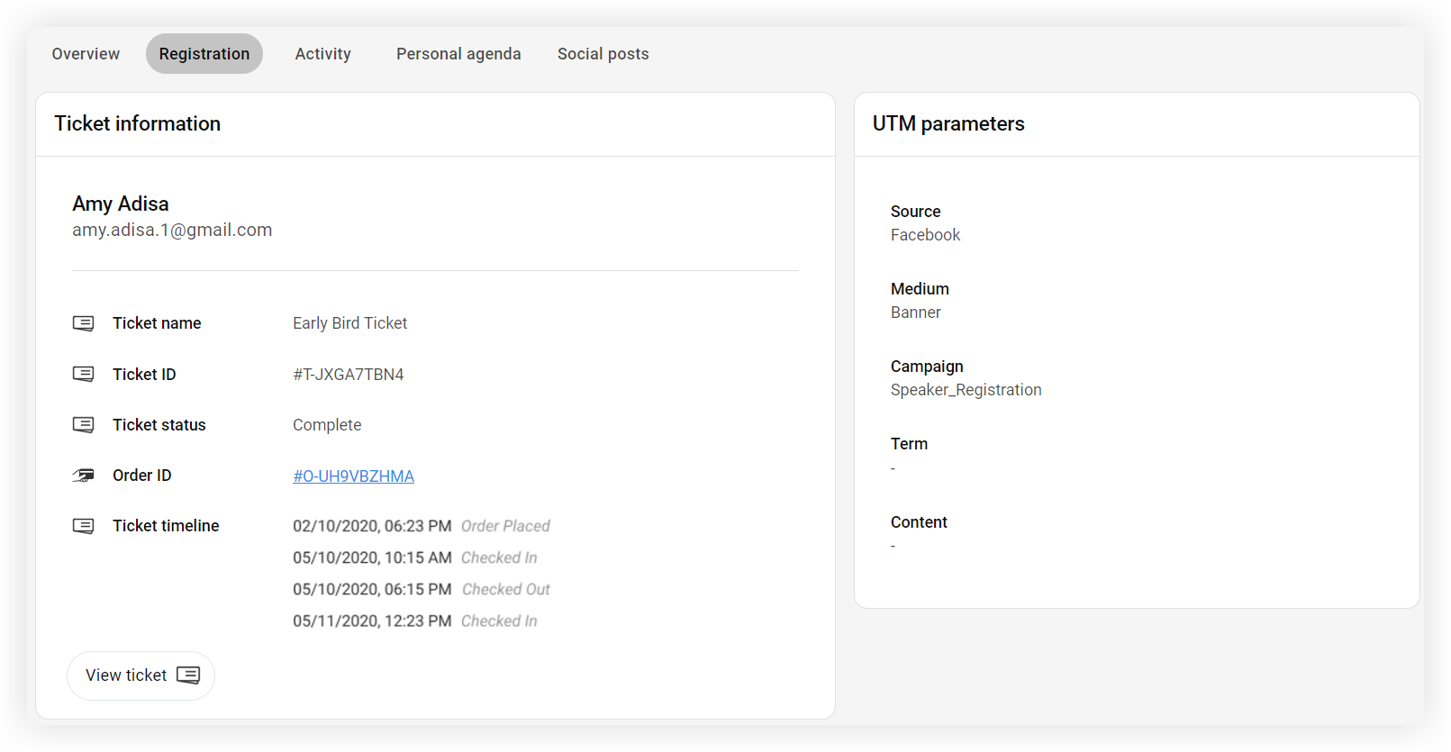 The Registration tab of an attendee profile.
