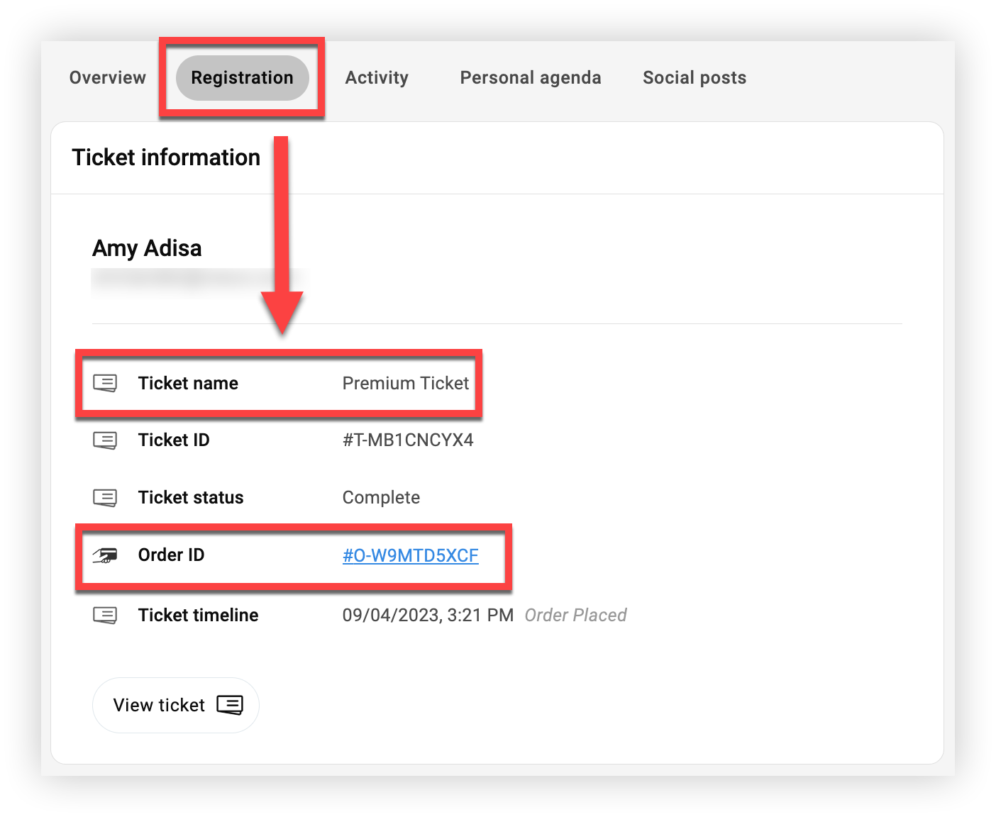 The Ticket name and Order ID fields of the Registration tab on an Attendee profile.