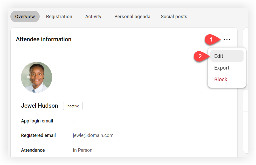 The attendee profile with the Settings menu expanded.
