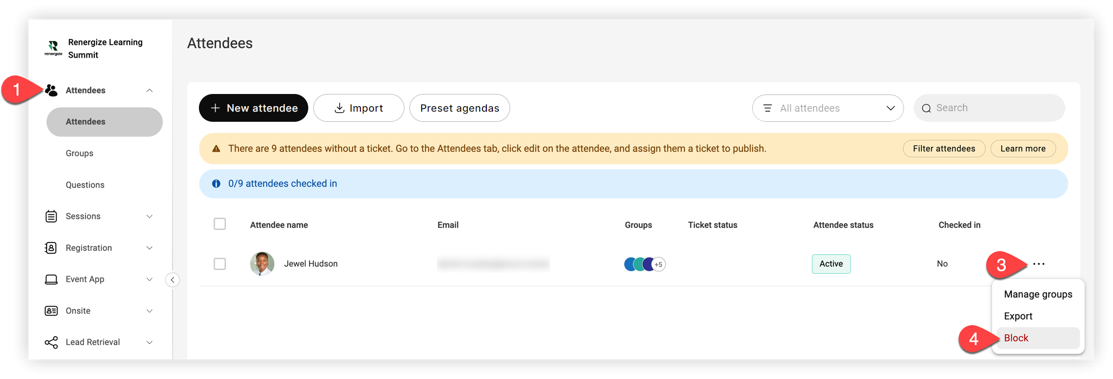 The Block option for an active attendee on the Attendees page.
