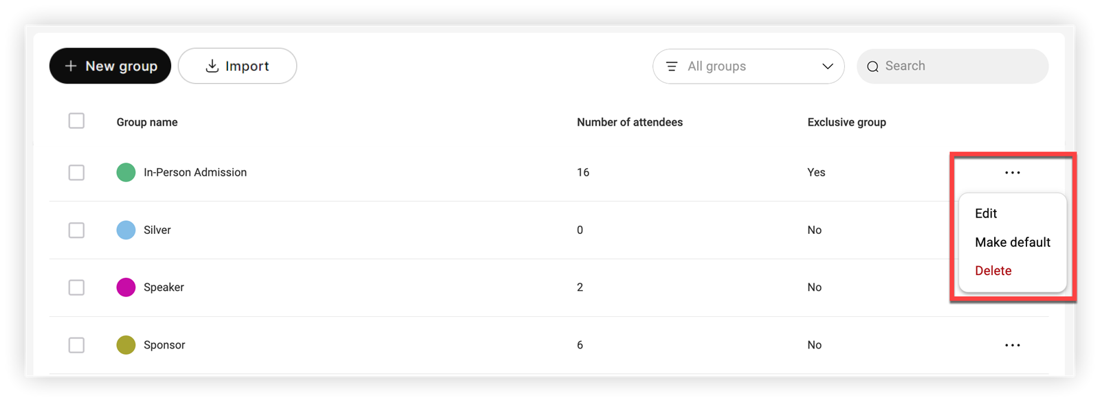 The Settings menu for a group on the Groups page.