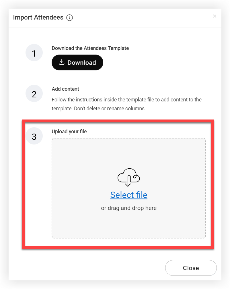 Step 3 'Upload your file' in the Import Attendees modal.