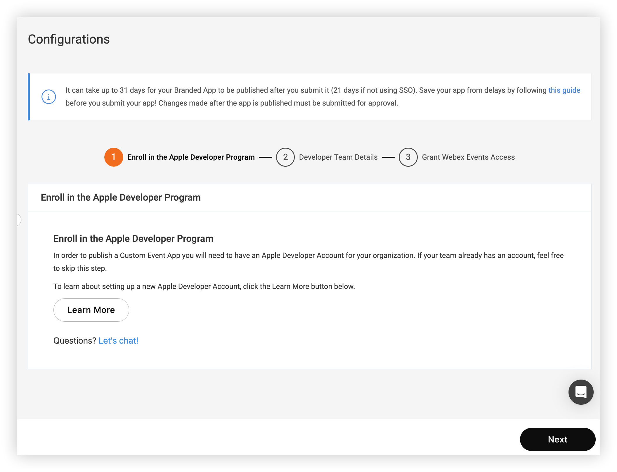 The Enroll in the Apple Developer Program step of Configurations.