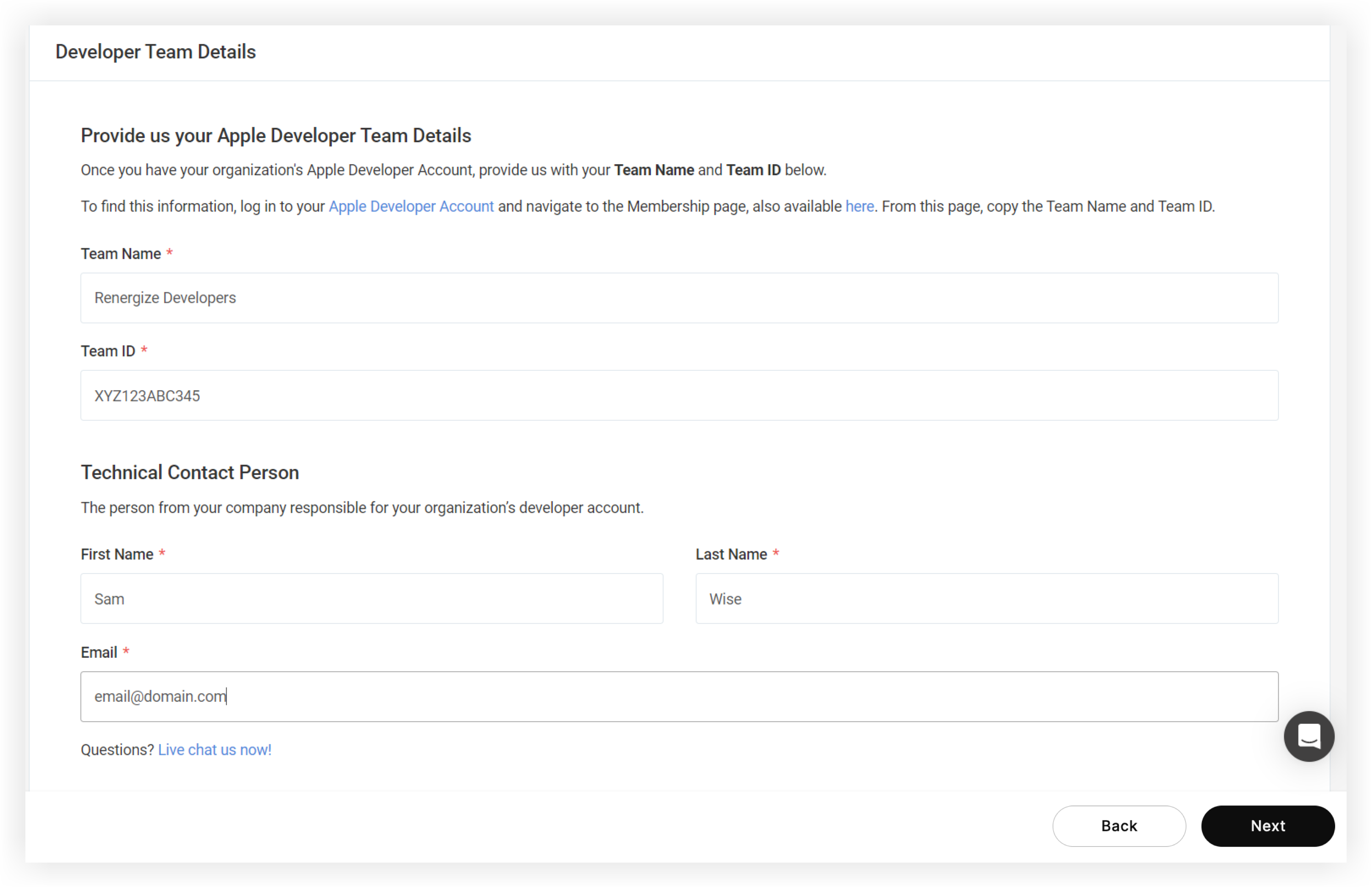 The second step on the Configurations page - Developer Team Details