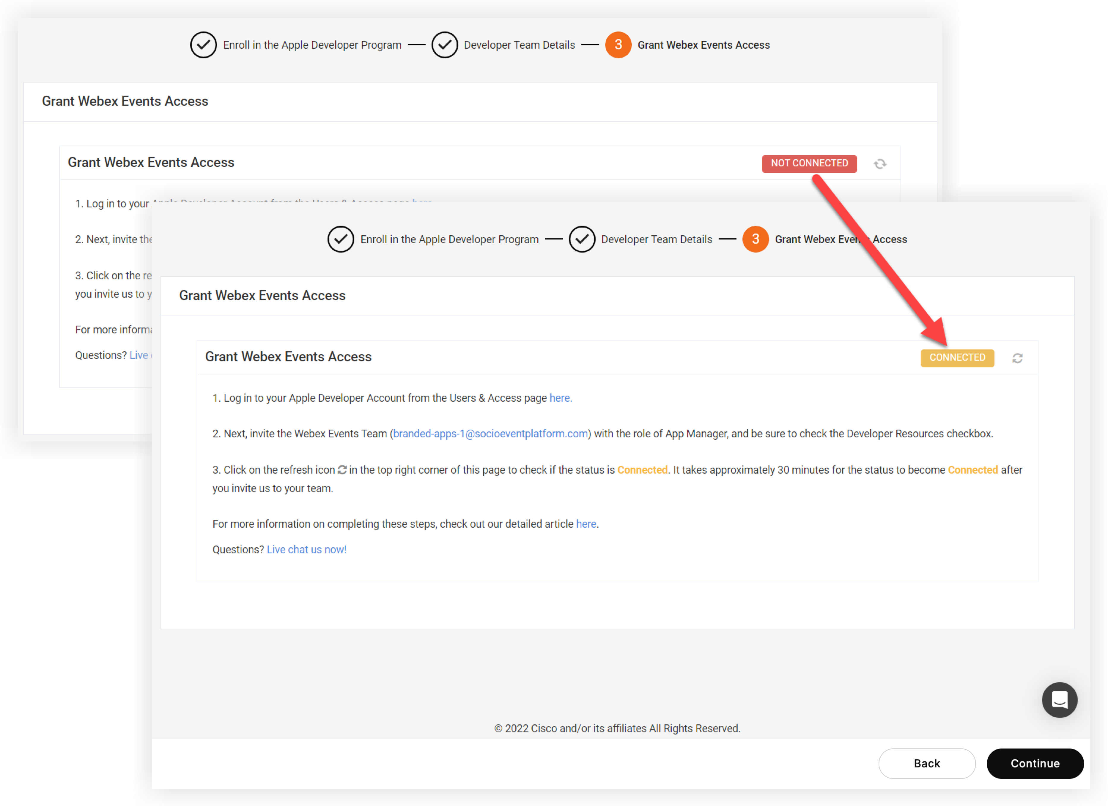 The 'not connected' and 'connected' indicators on the Grant Webex Events Access
        page.