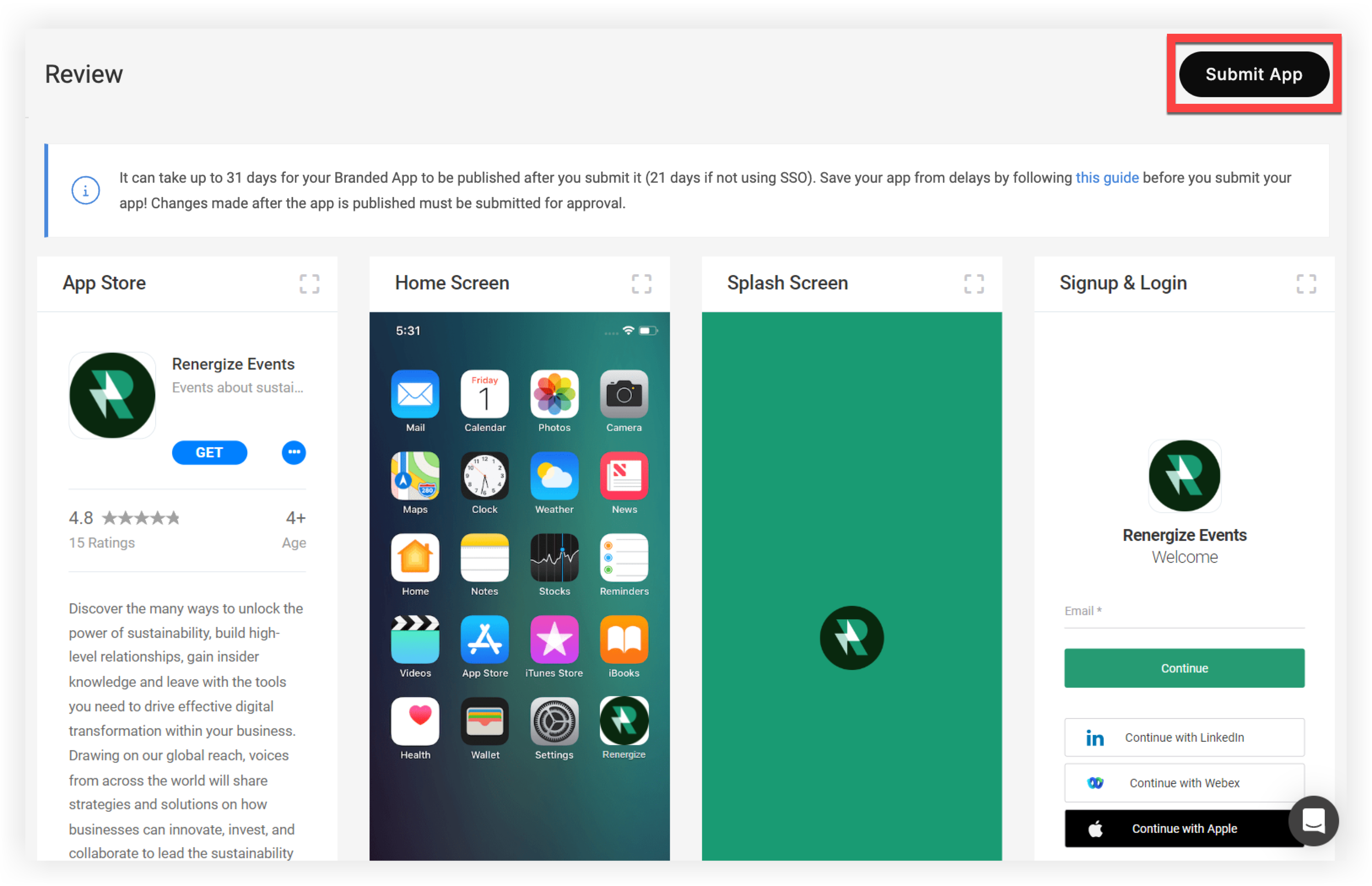 The Review page with previews for the App Store, Home Screen, Splash Screen, and Signup and Login screens.