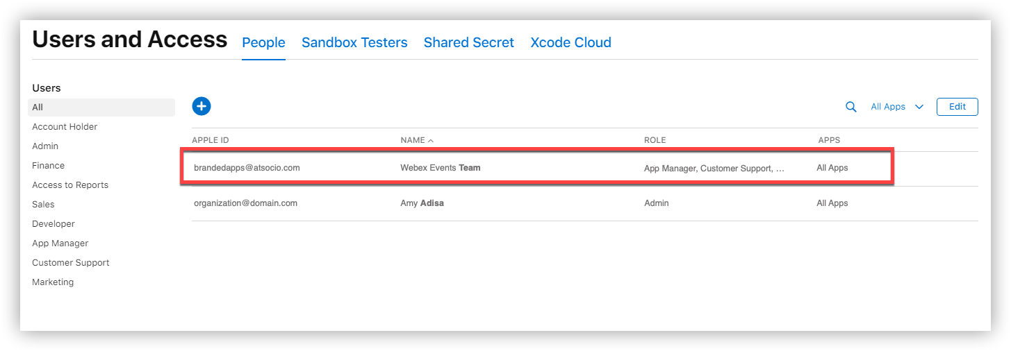 The Webex Events Team on the Apple Developer Users and Access page.