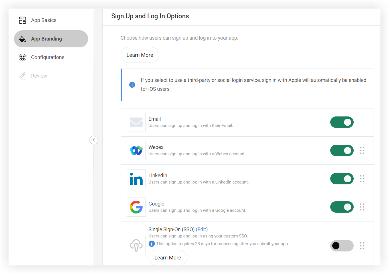 The Sign up and log in options section of the App Branding page.