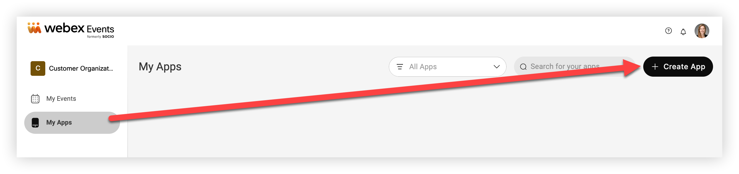 The My Apps page. The 'Create App' button is indicated.