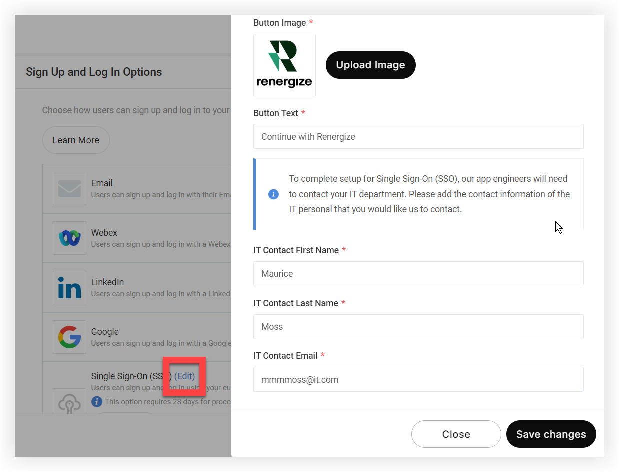 The Manage SSO modal that appears after clicking 'Edit'.