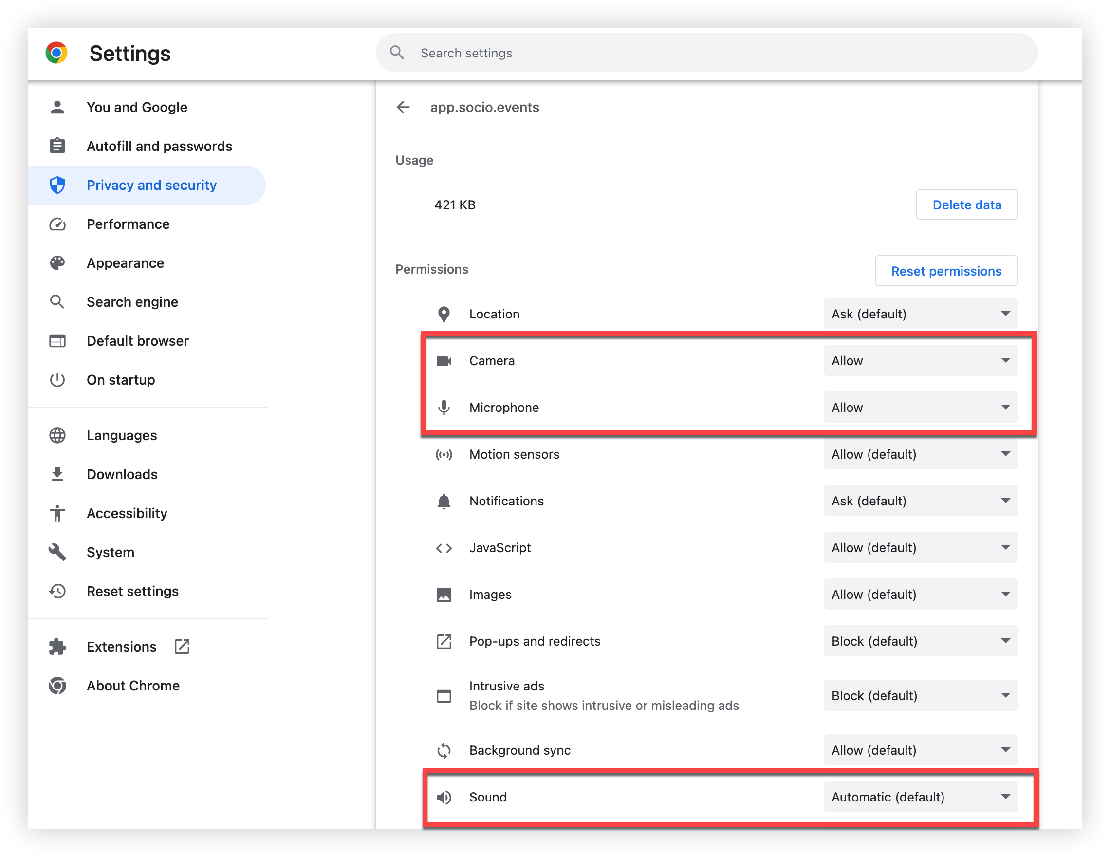 The Permissions section of Google Chrome's Site Settings page.