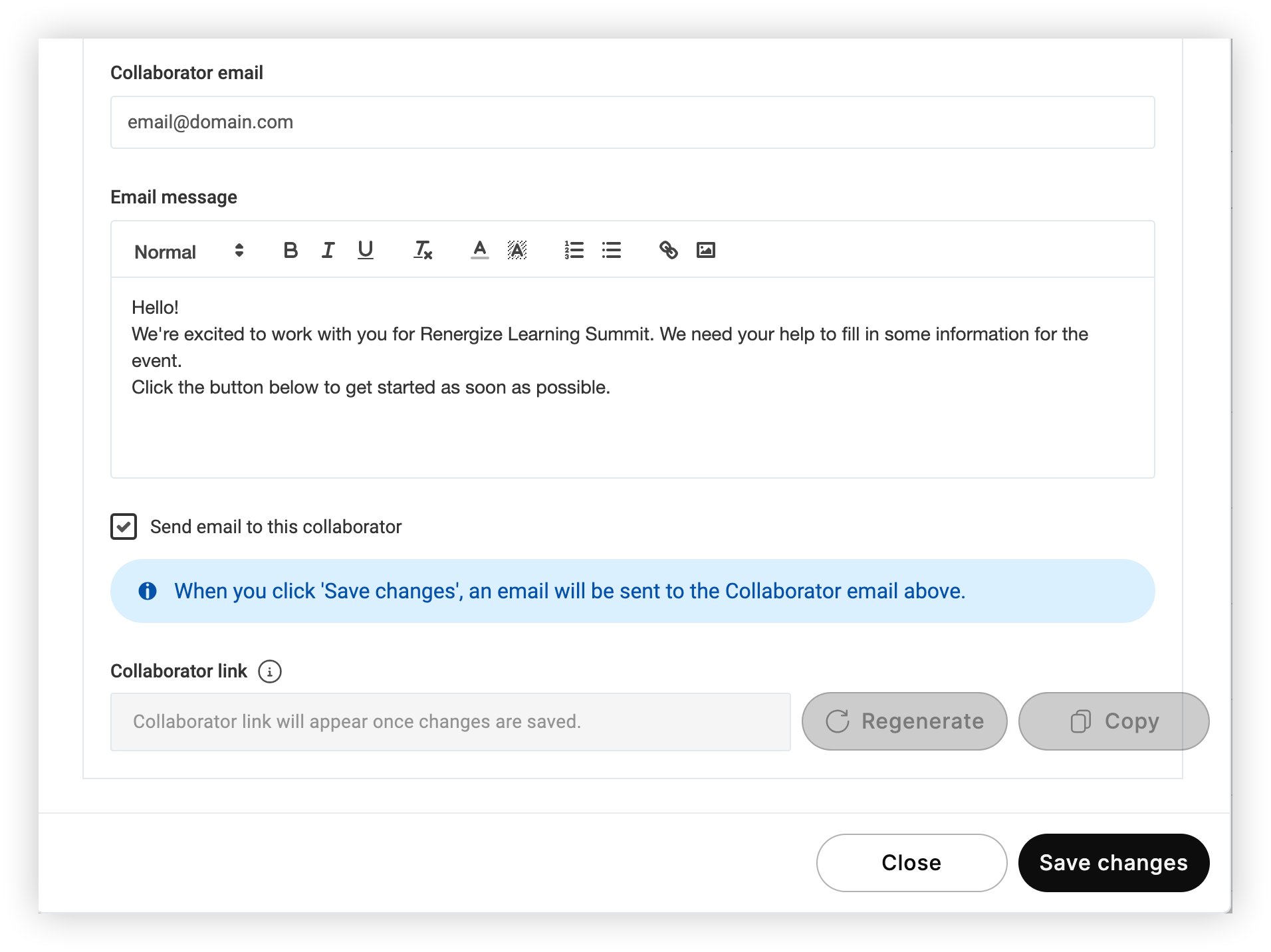 The settings for inviting a collaborator to use the collaboration form.