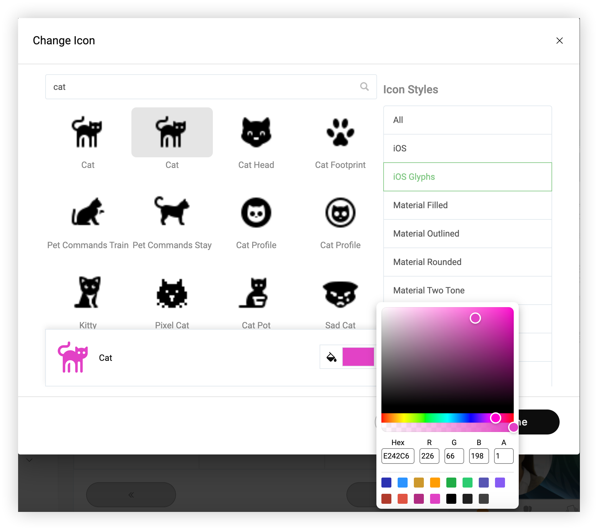 The color picker in the Change Icon modal.