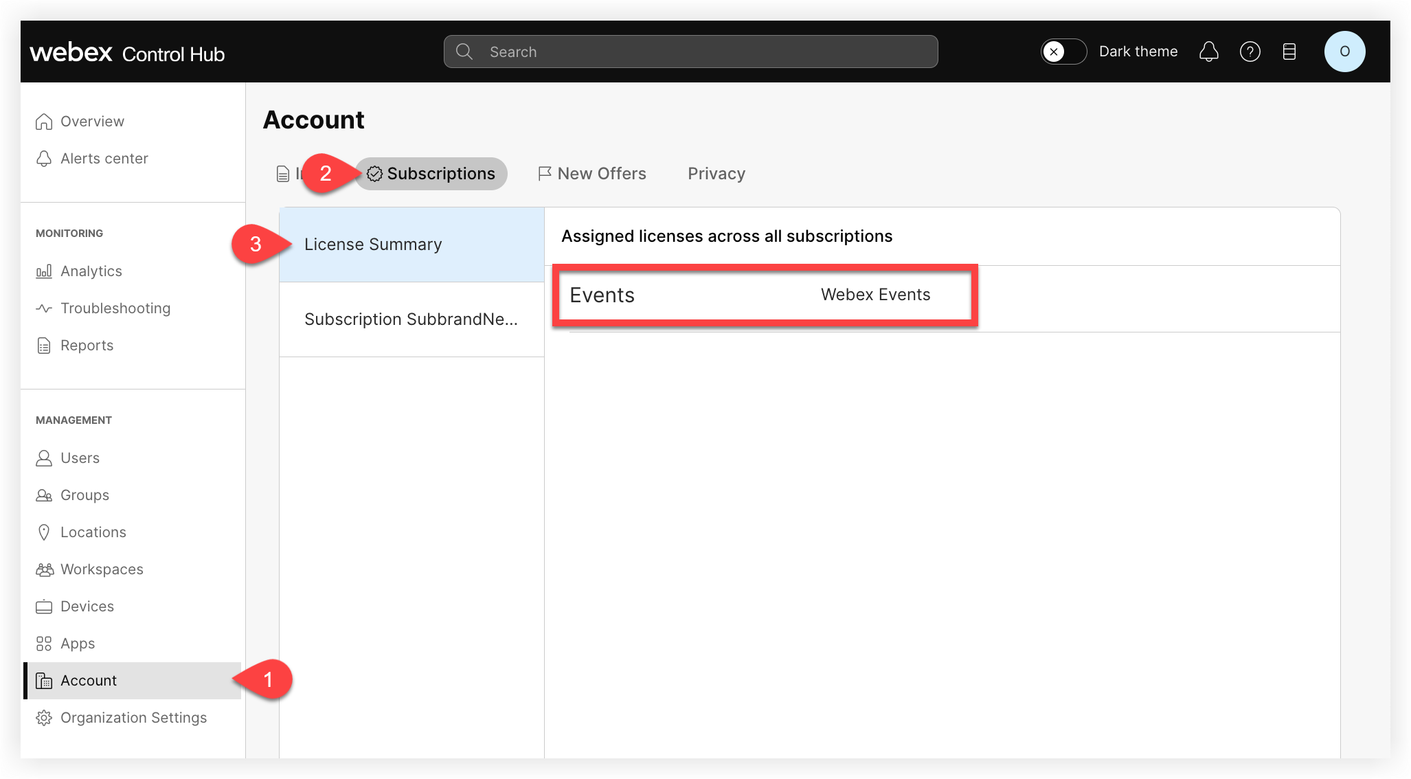 The Account page in Control Hub, showing a subscription for Webex Events.