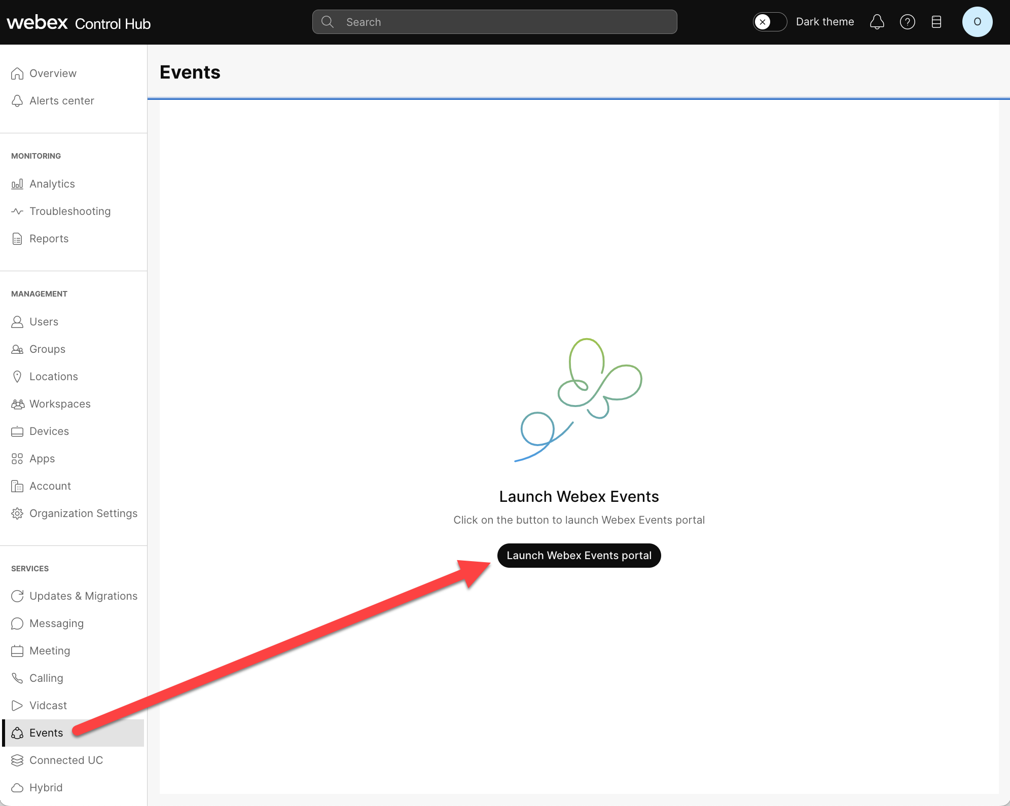 The Events tab in Control Hub with the Launch Webex Events portal button indicated.