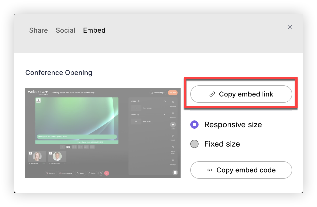 The Copy embed link button in the Embed tab.