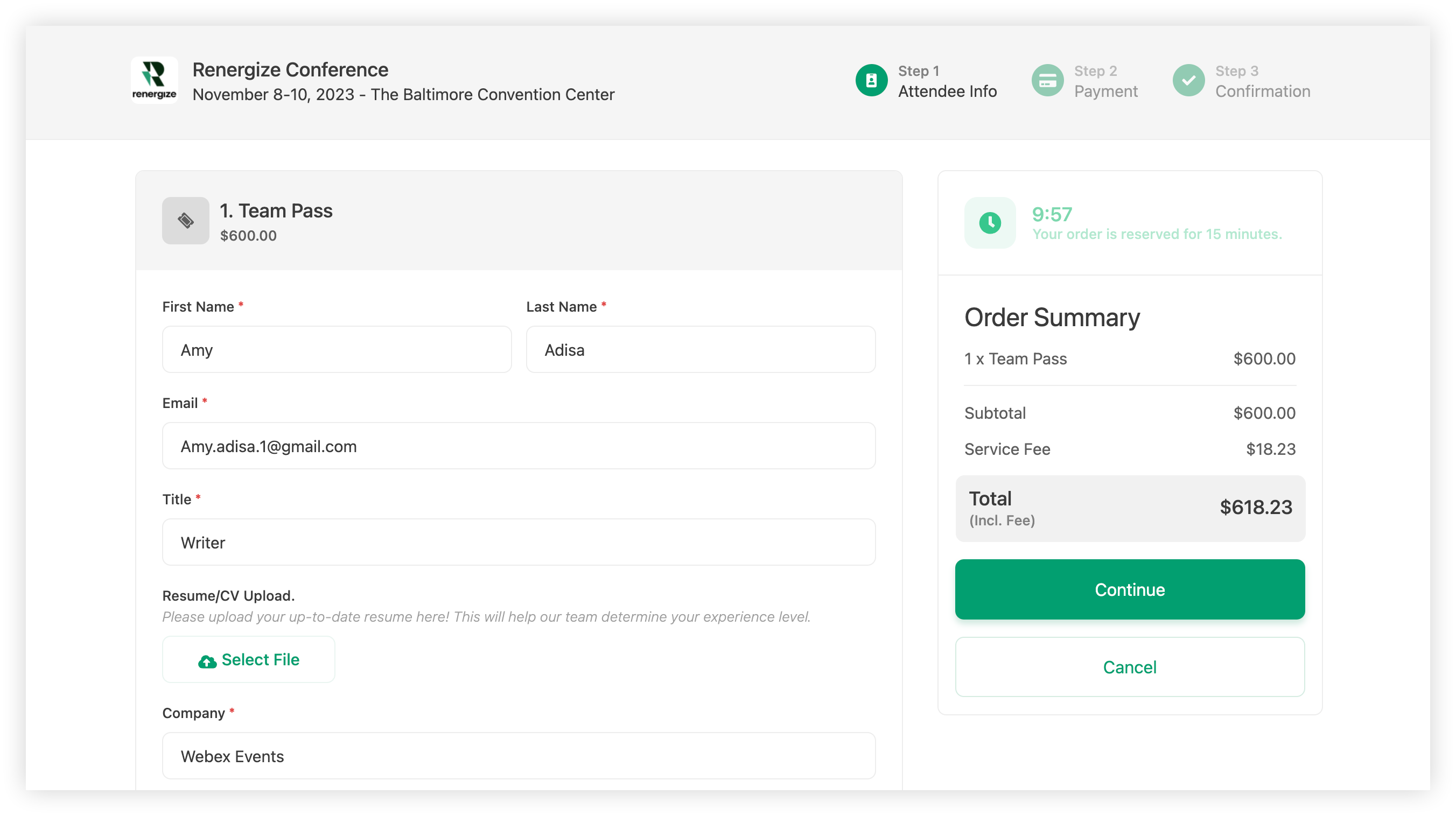 A checkout form on the Registration page.
