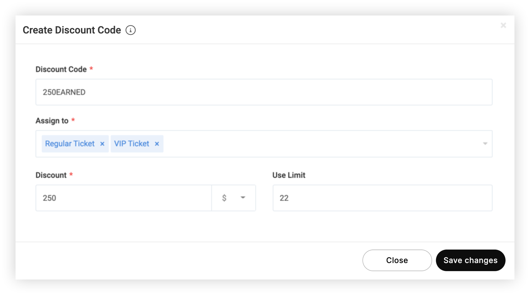 The Create Discount Code modal.