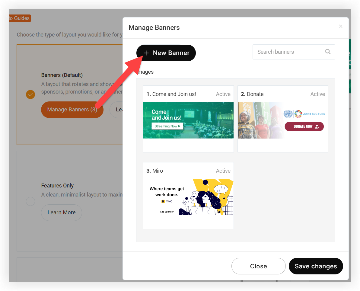 An arrow pointing from the Manage Banners button in the Banners layout option to the New Banner button in the Manage Banners modal.