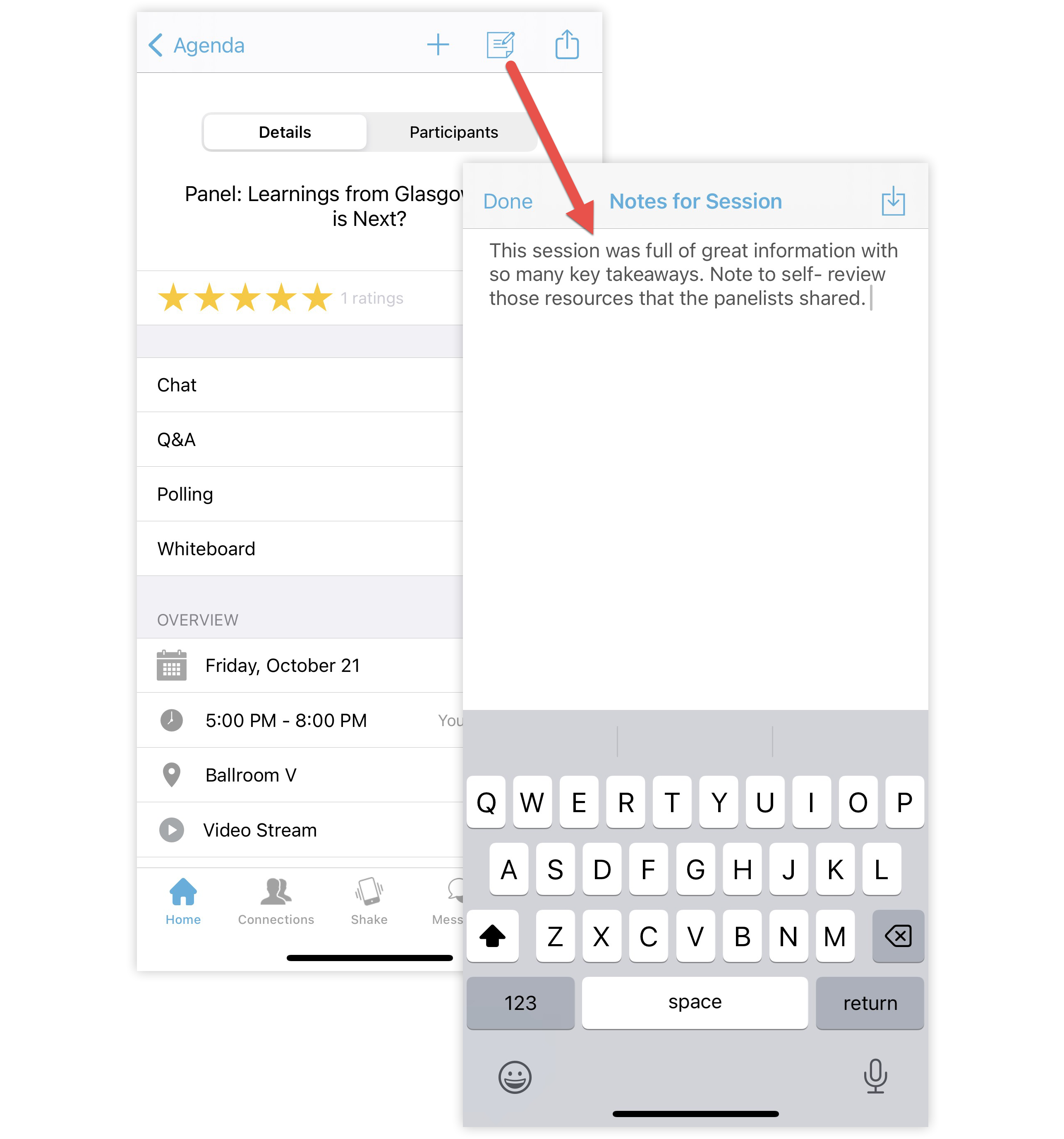 The Notebook icon on a Session and the Notes for Session modal.