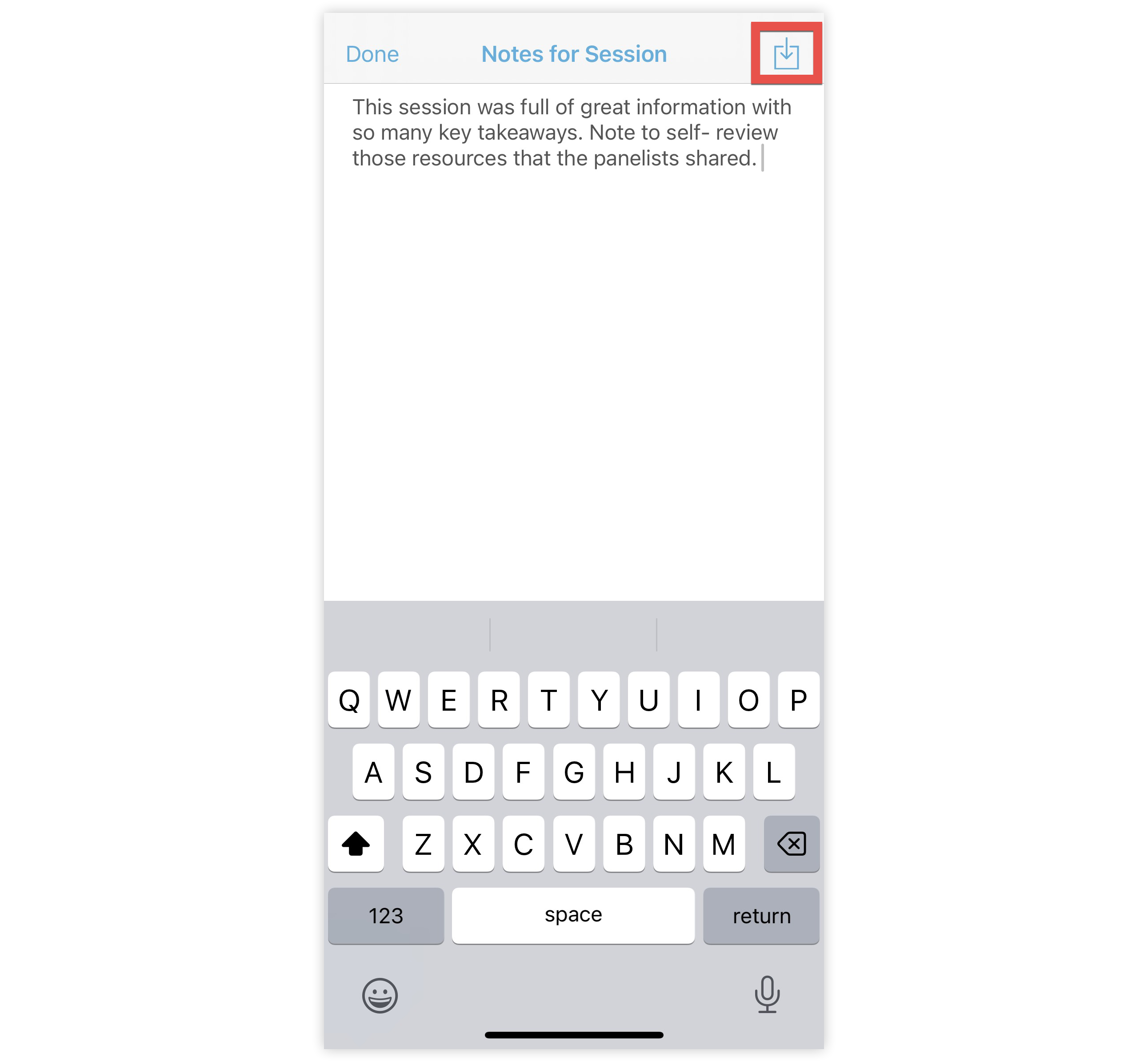 The Export icon on the Notes screen in the Mobile App.