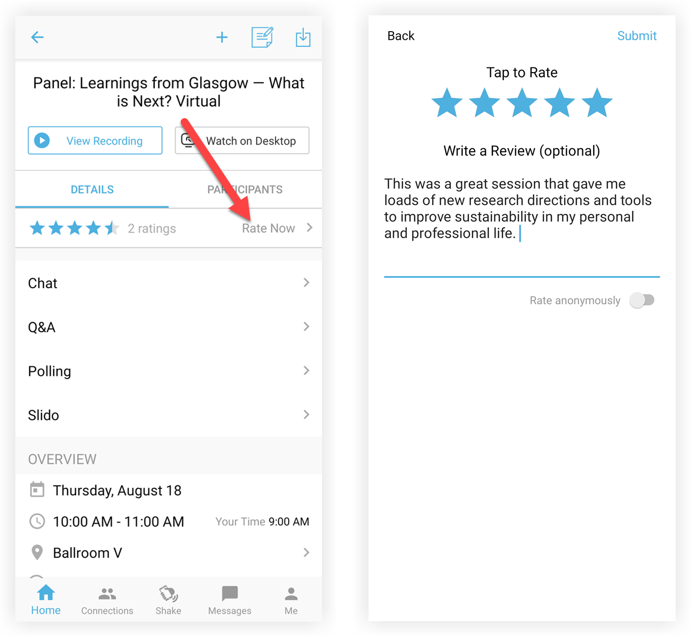 The rating on a session in the Mobile App.