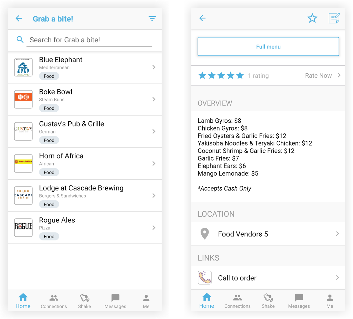 A custom list of food items and a custom item page on the Mobile App.