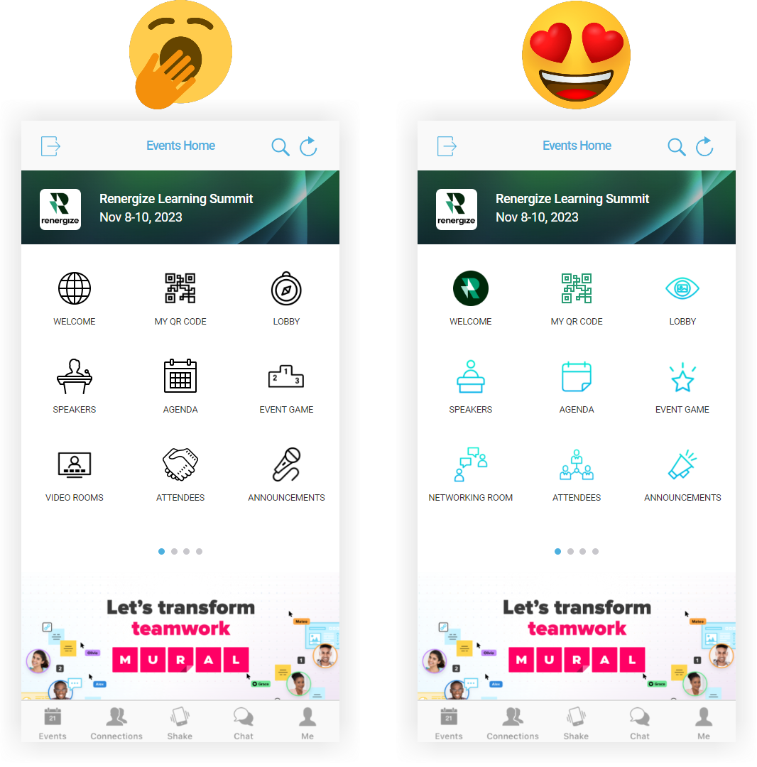 A yawning face emoji above a mobile Event App without custom feature icons, and a heart eyes emoji above a mobile Event App with custom icons.