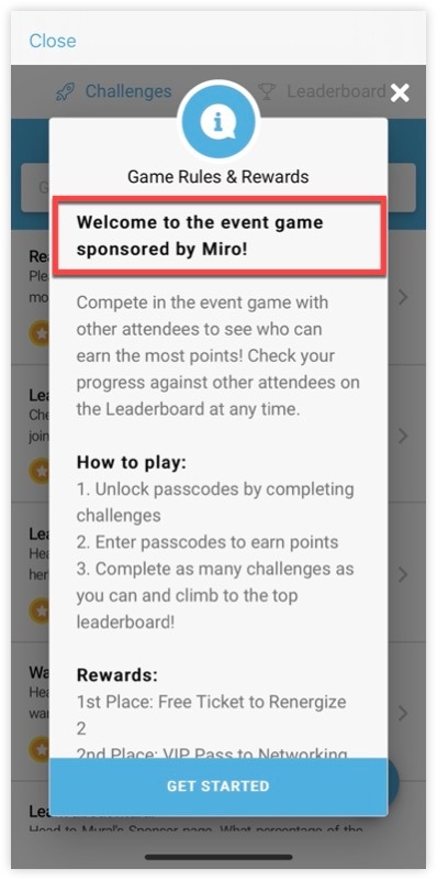 An Event Game sponsored by Miro on a Mobile App.