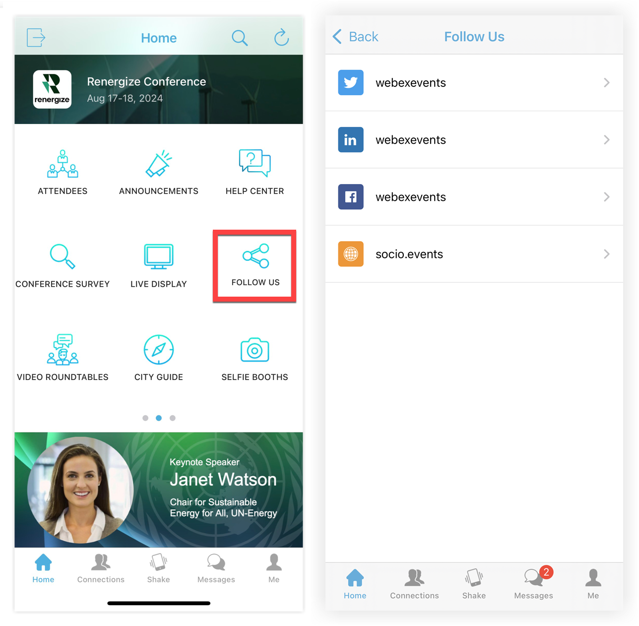 A list of links on the Follow Us feature on a mobile device.