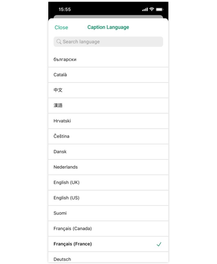 The Closed Captions language menu on the Mobile App.