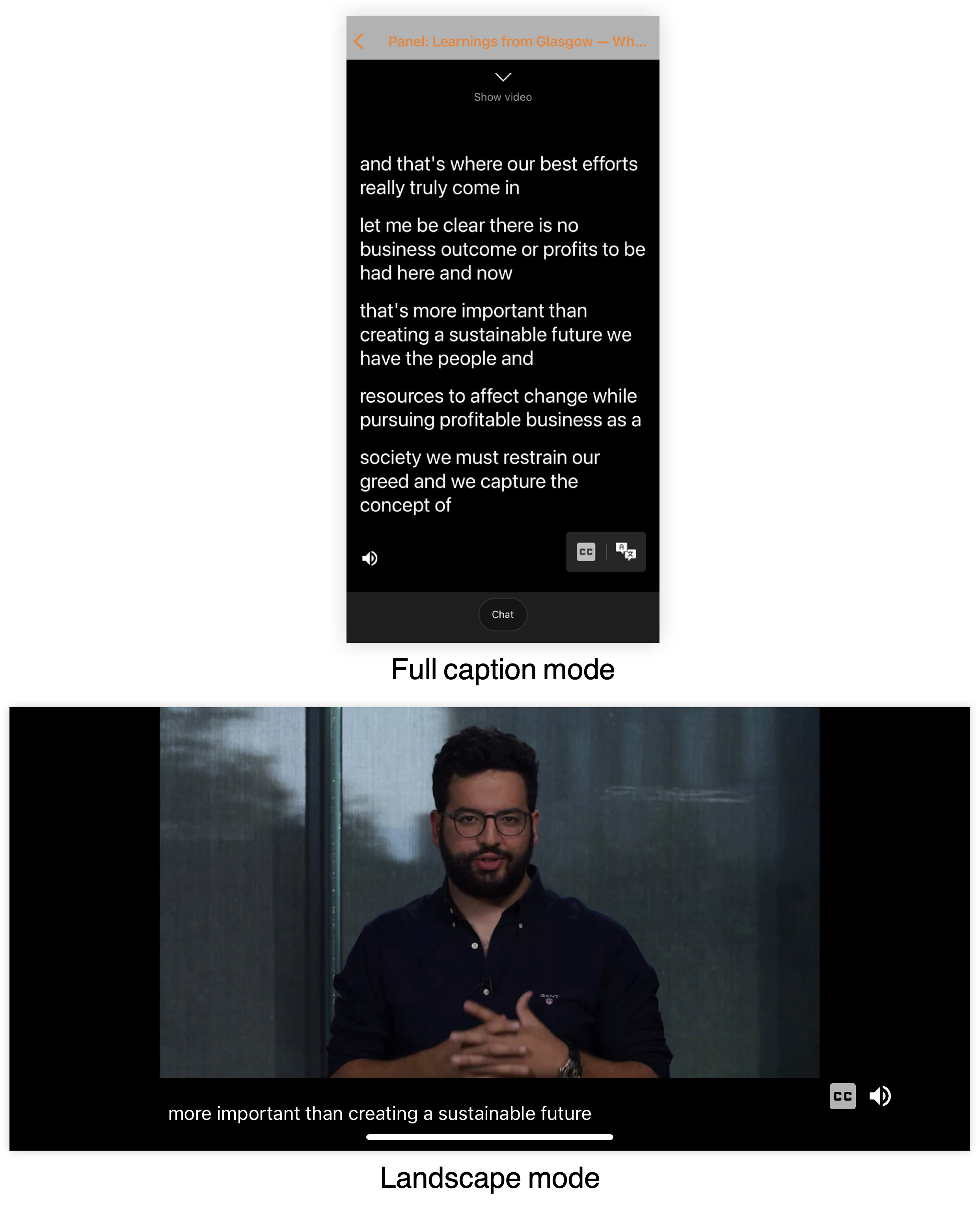 Webex Events Closed Captions and Translations full caption mode and landscape mode on the Mobile App.